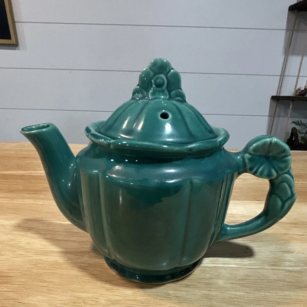 Shawnee Pottery Rosette Green Glossy Ceramic Teapot w/ Lid Included Handles